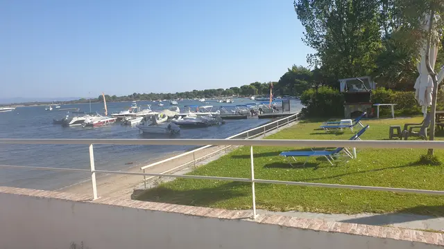 Waterfront lawn and moored boats along the shore